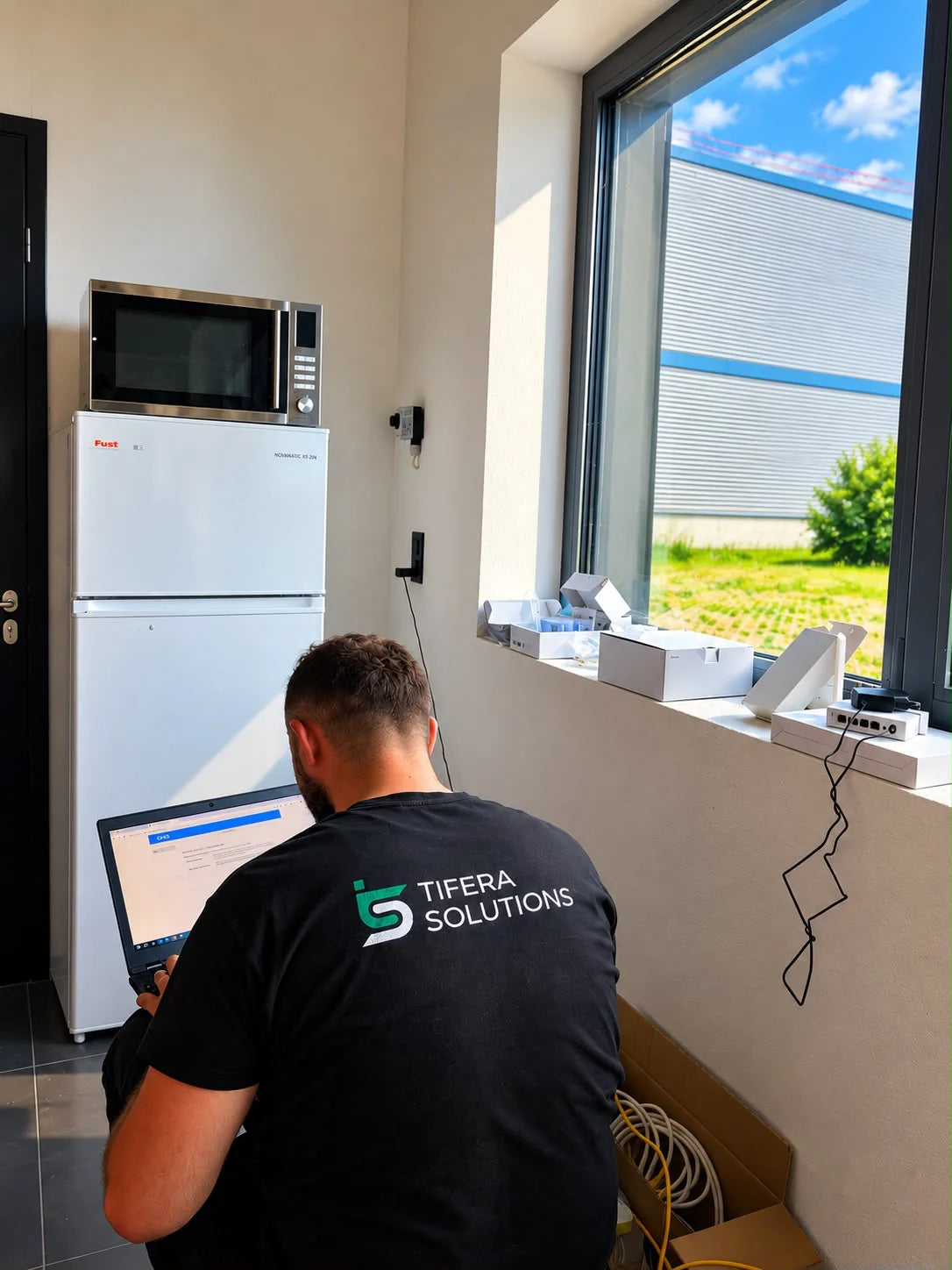 Technicien Tifera configurant une installation de sécurité sur site